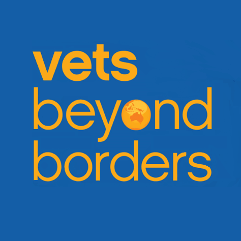 Logo for Vets Beyond Borders: Gold text on a blue background. The “o” in “beyond” is a globe with an outline of Australia.