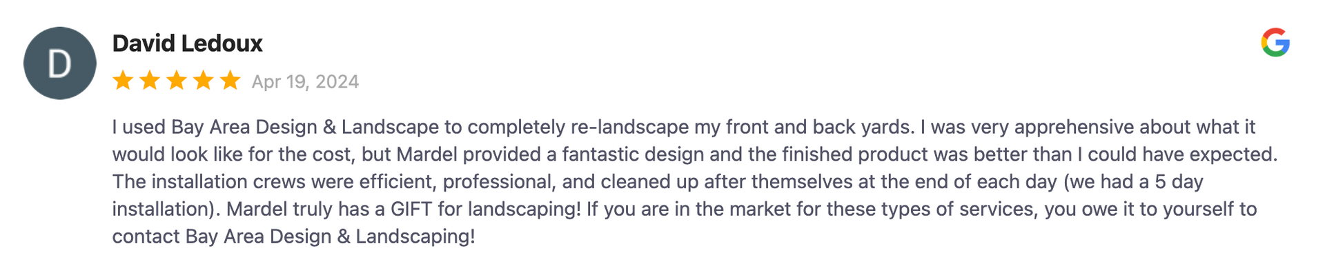 Google Review for Bay Area Design & Landscape