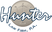 Hunter Law Firm, P.A. logo with a silver scales-of-justice emblem and blue script lettering