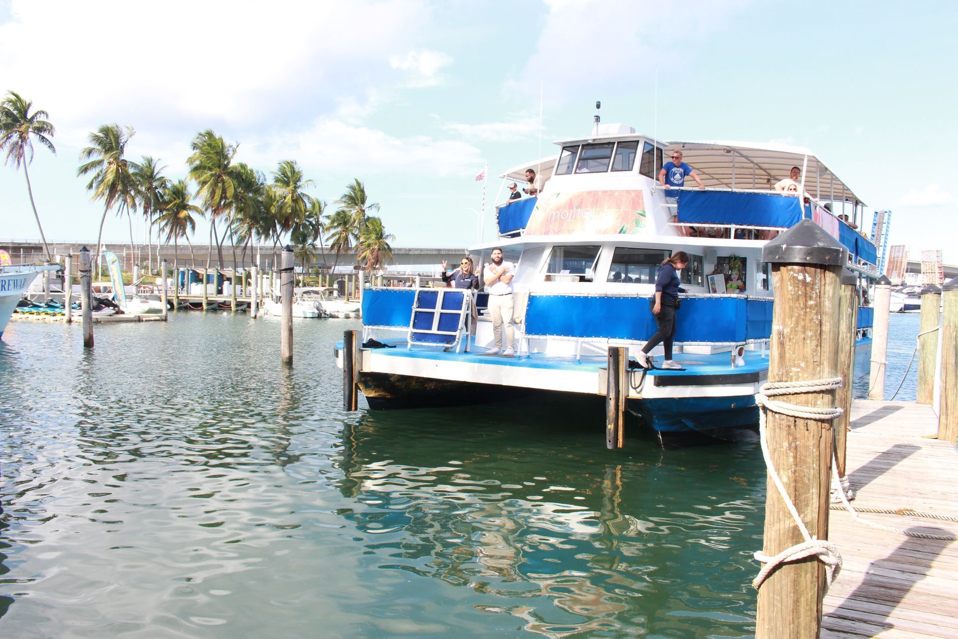 Miami Boat Tour arriving at Bayside Marketplace with skyline views
