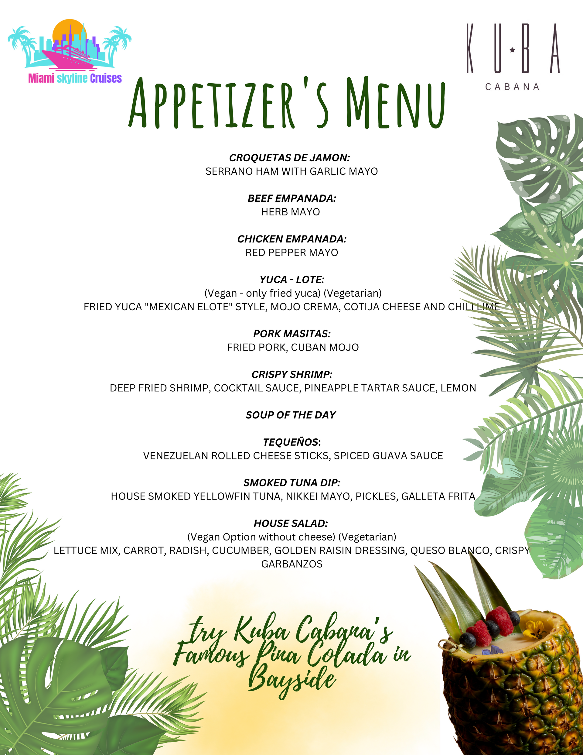 Miami Skyline & Star Island cruise - free appetizer menu