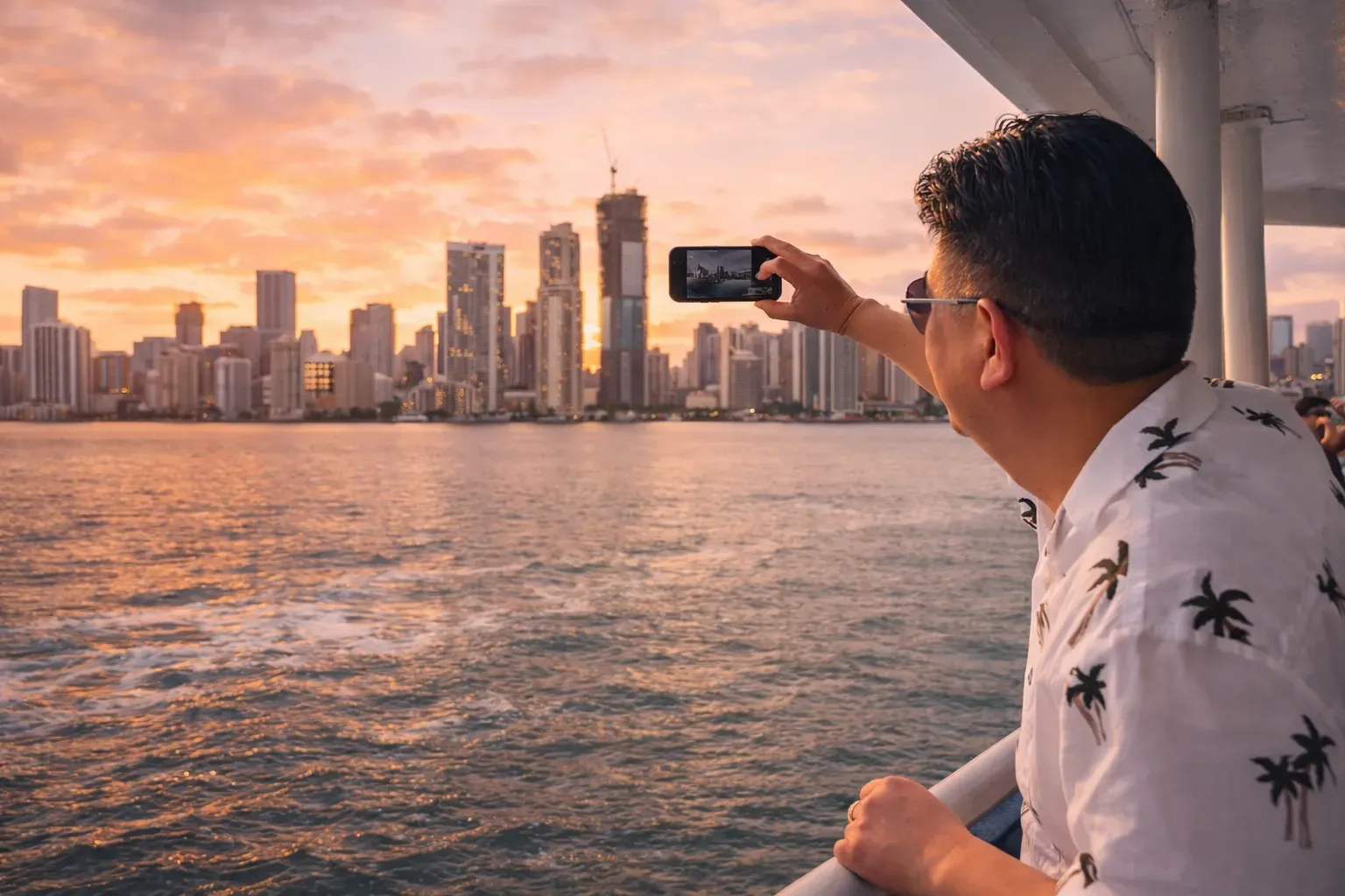 Guest taking skyline photos during Bayside Sunset Cruises in Miami