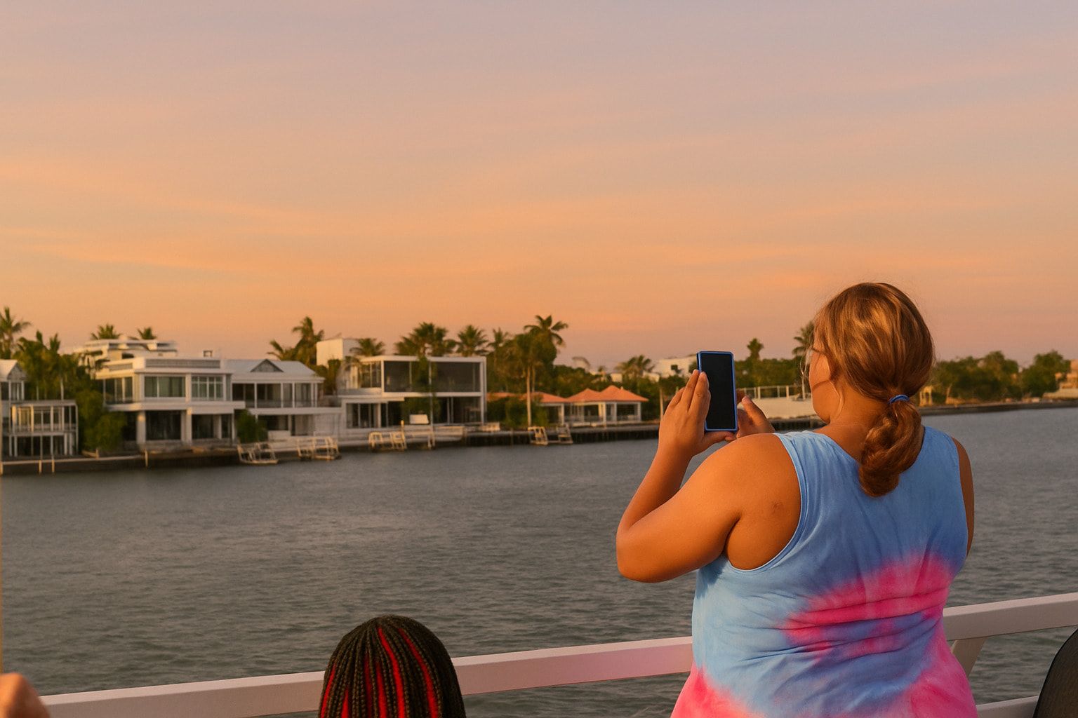 Celebrity Homes Sunset boat tour passenger taking photos of Celebrity Mansions