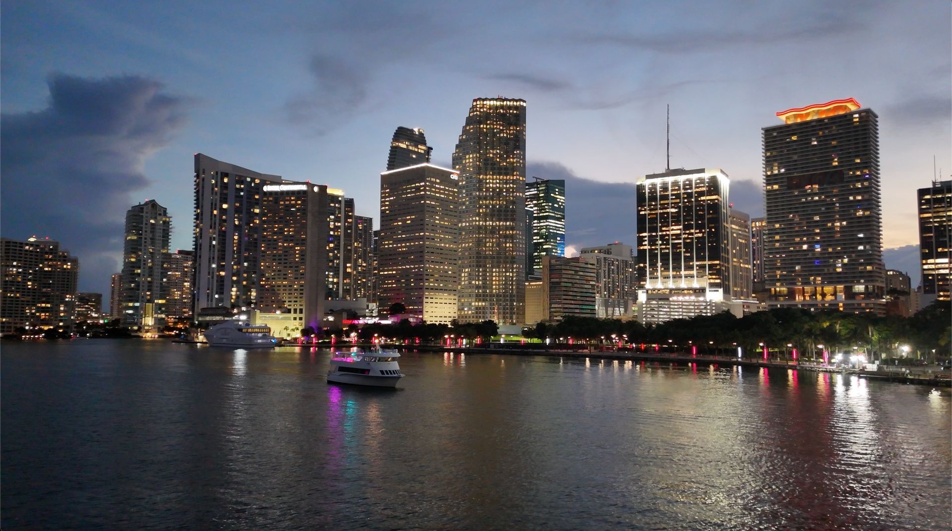 Bayride Tours cruising Biscayne Bay and the Miami Skyline at night