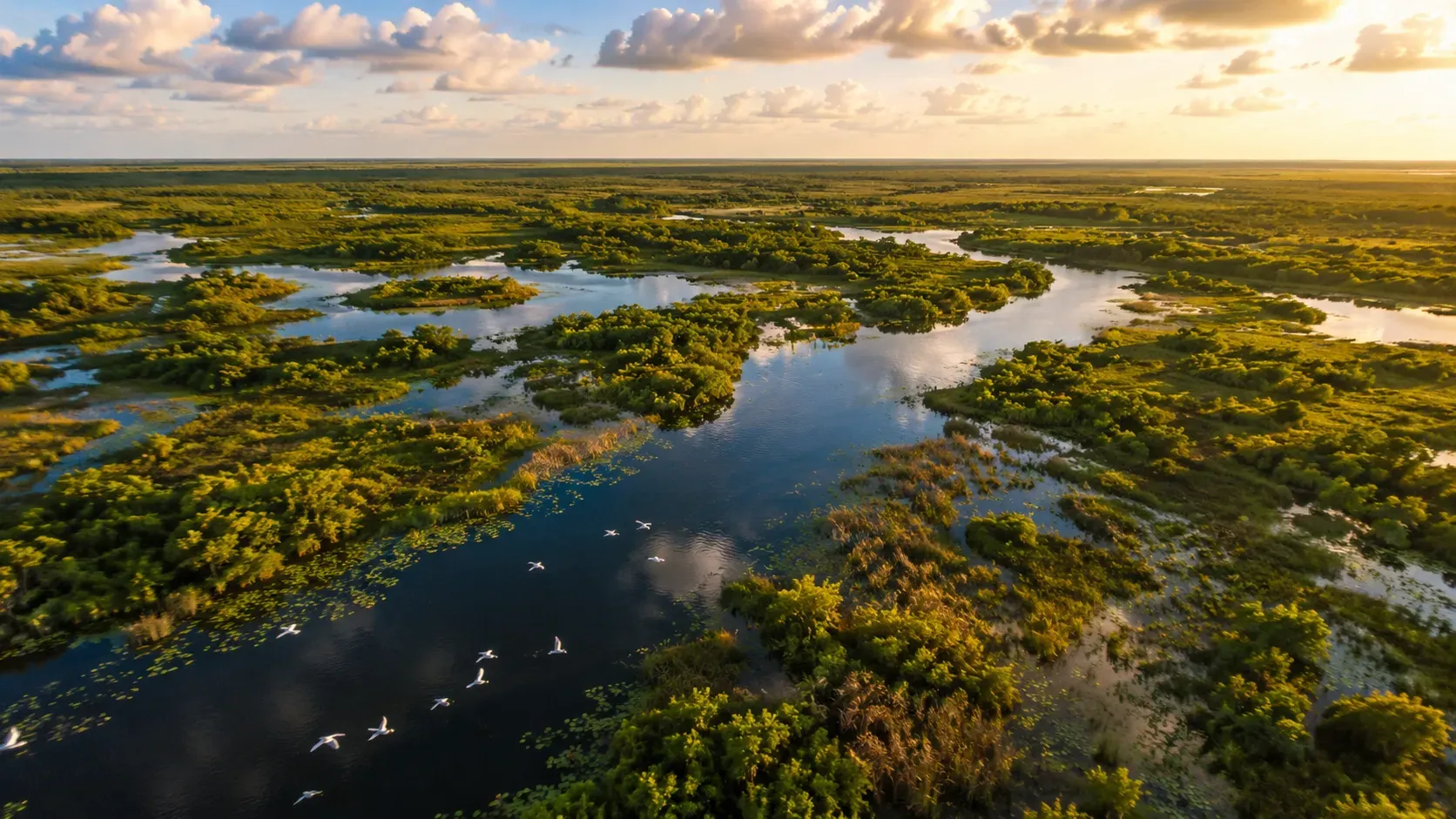 Aerial view of the Florida Everglades ecosystem showing wetlands, waterways, and native bird habitat near Miami.