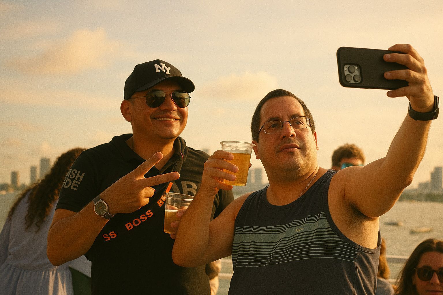 Friends having a drink during a sunset cruise in Miami near you