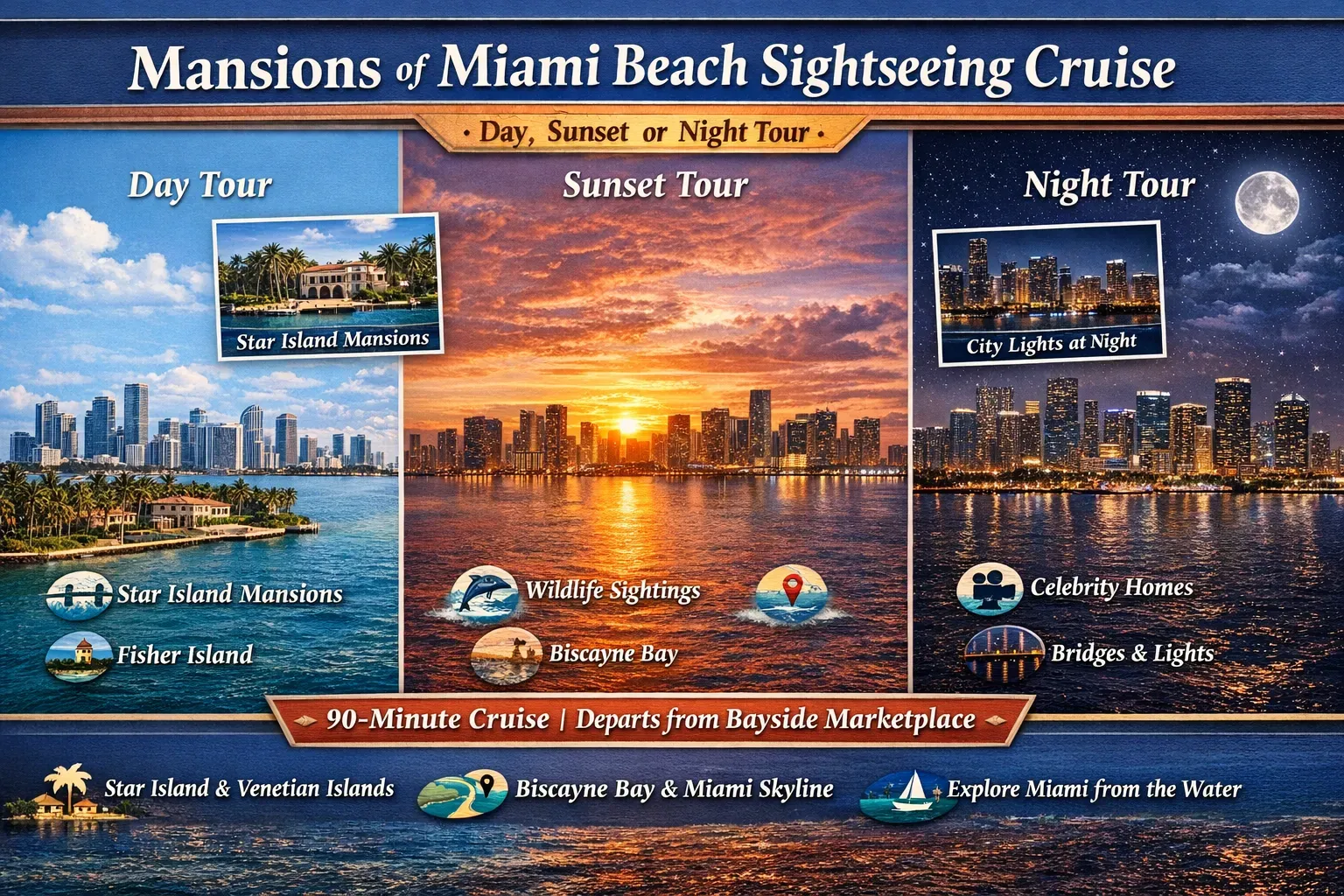 Infographic showing the Mansions of Miami Beach Sightseeing Cruises with day, sunset, and night views of Star Island, Venetian Islands, and the Miami skyline from Biscayne Bay.