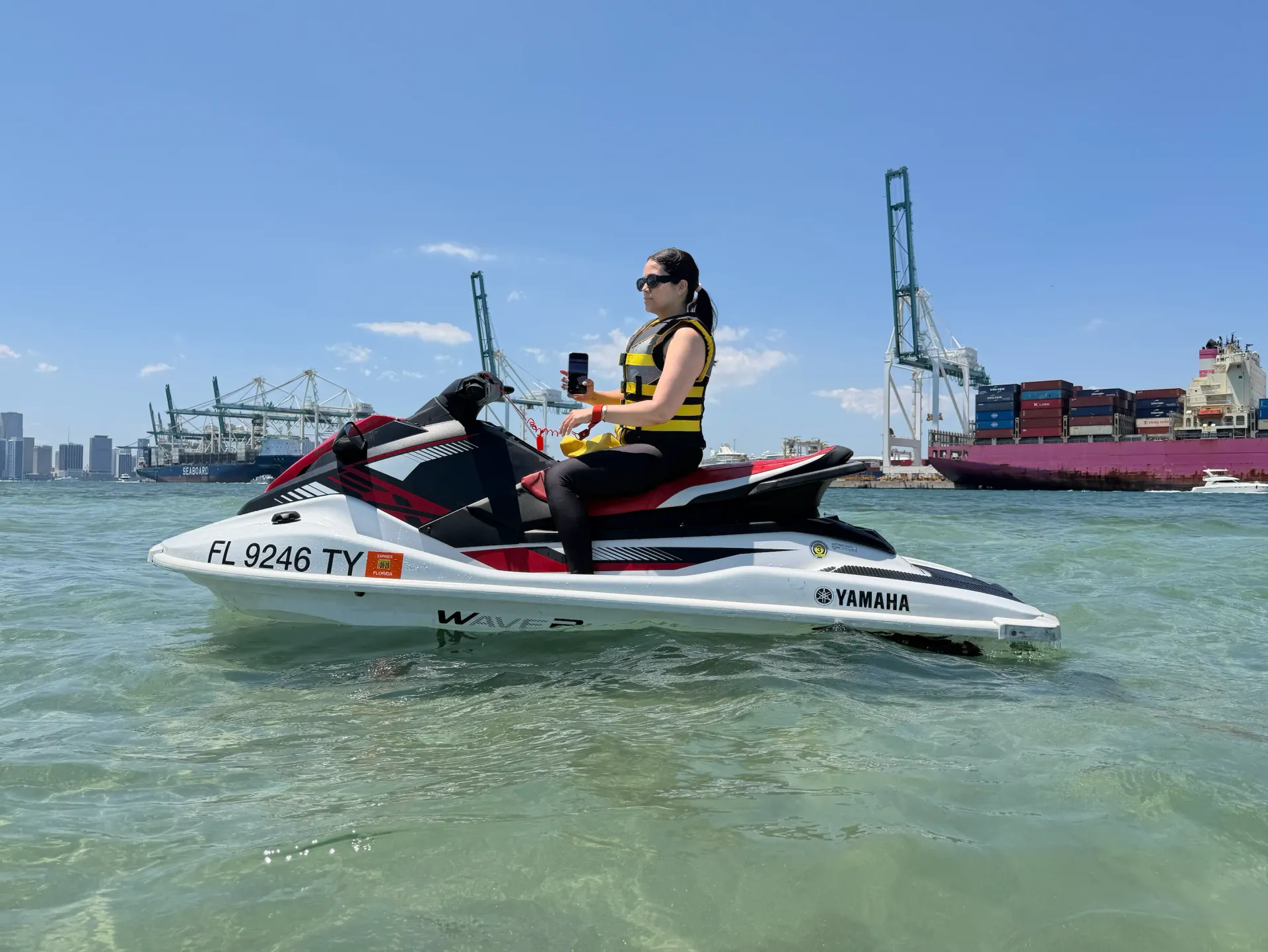 Guest enjoying Miami Jet Ski Tours guided near the Port of Miami waterfront during a scenic ride