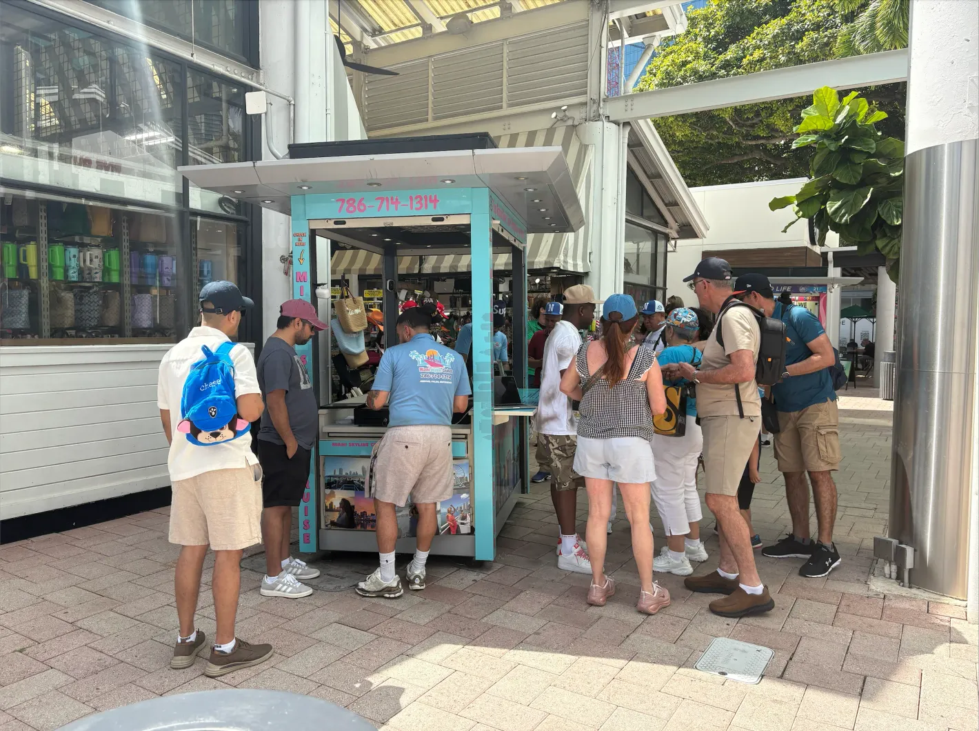 Guests checking in before boarding a Miami sightseeing cruise.
