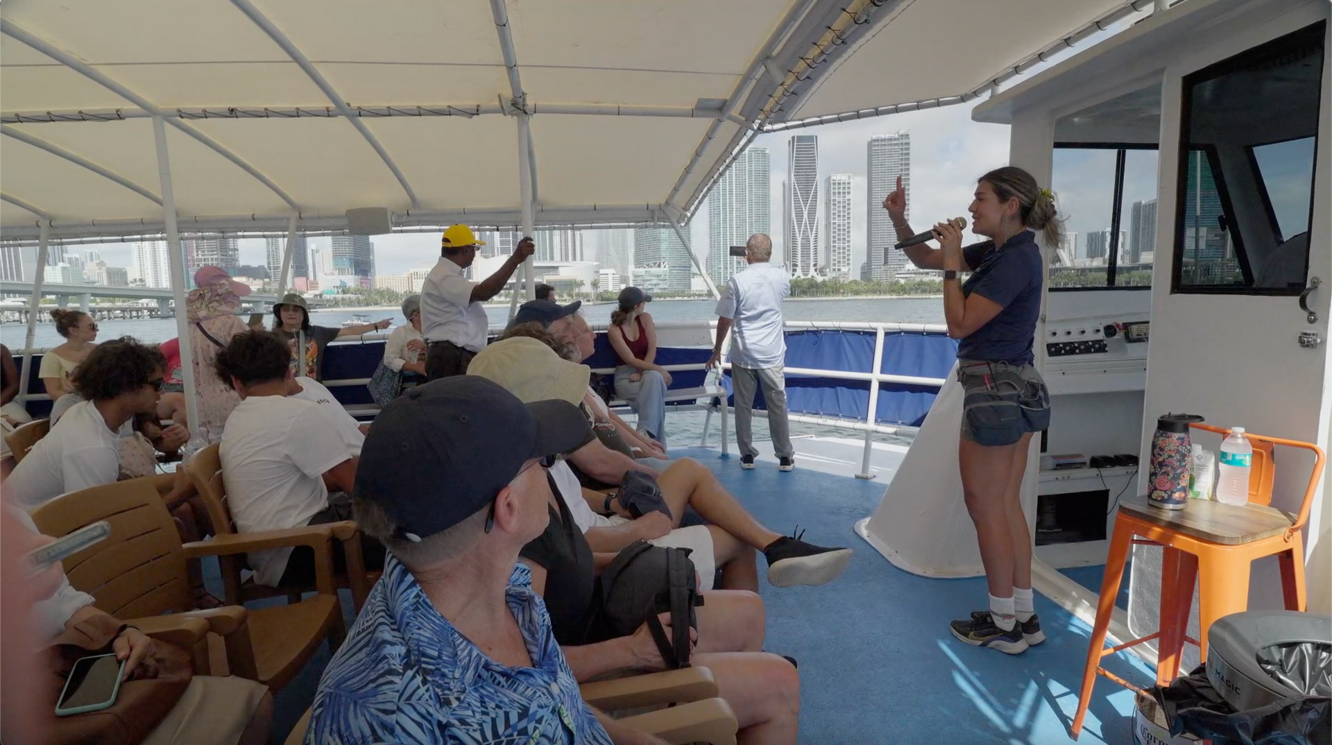 Tourists enjoying a 90 minute boat tour Miami on Biscayne Bay