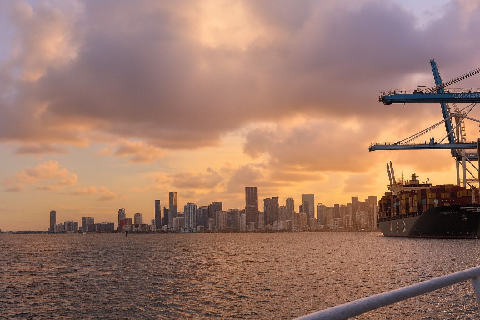 Miami skyline at sunset near the port of Miami