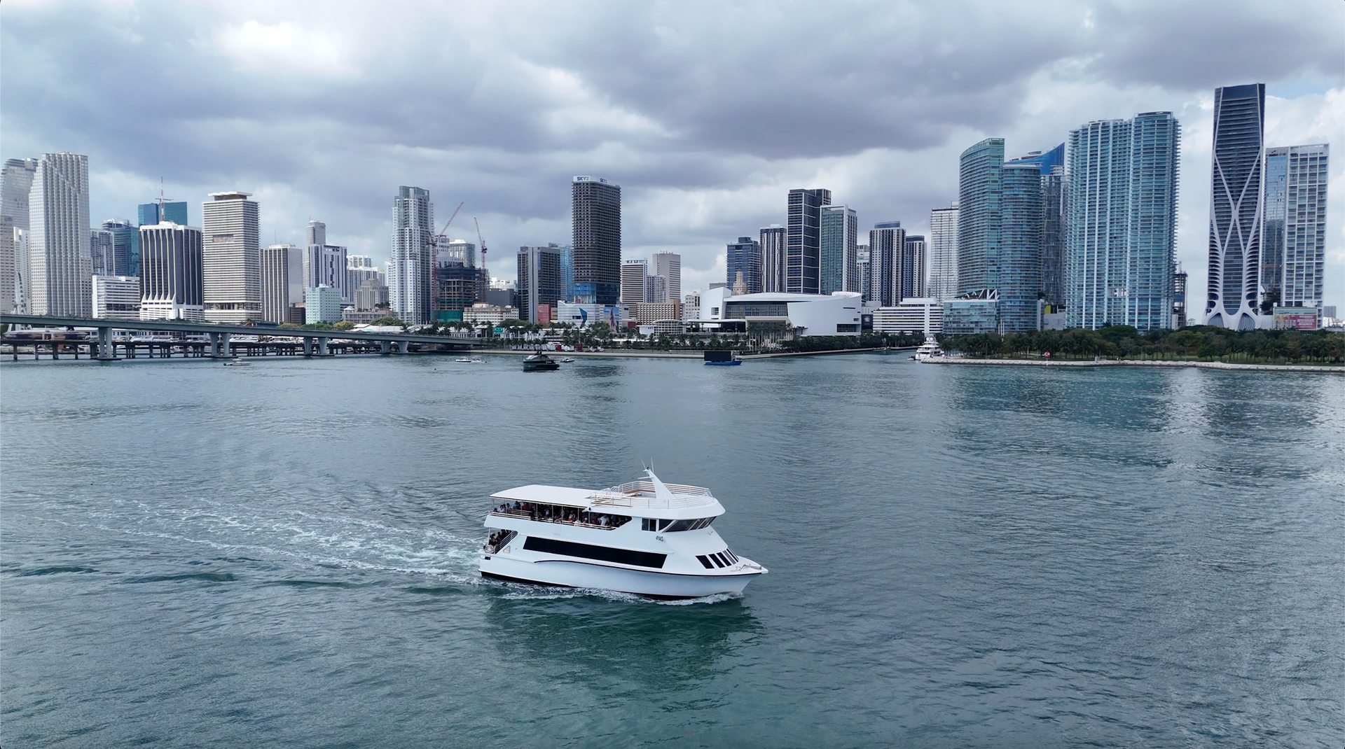 Miami Tour Boats from Bayside with the Miami Skyline in the Background