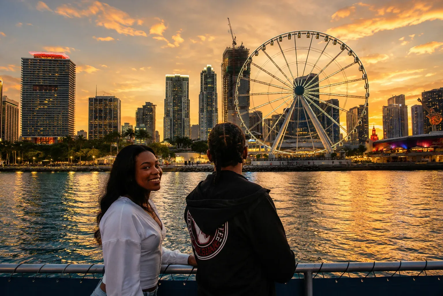 Couple enjoying our most popular Miami Sunset Cruise with views of the Downtown Miami skyline and Bayside Wheel.