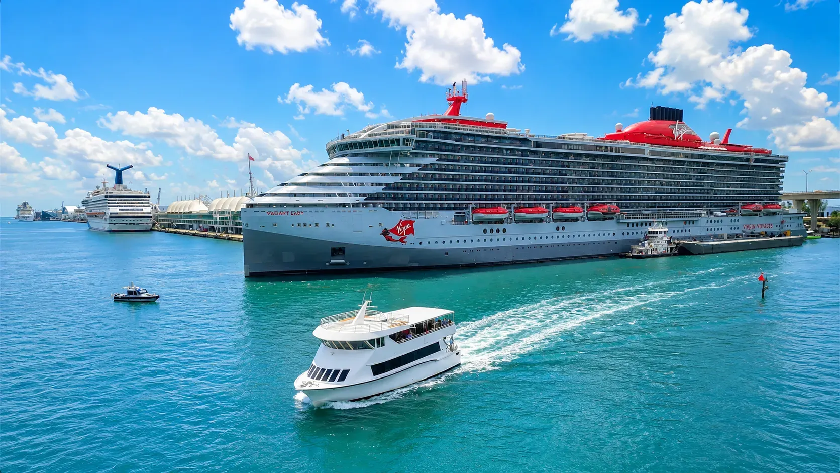 Large cruise ship at PortMiami seen from a sightseeing boat on Biscayne Bay.