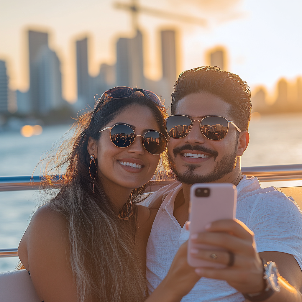 Couple smiling during a relaxing boat ride on Biscayne Bay at sunset.