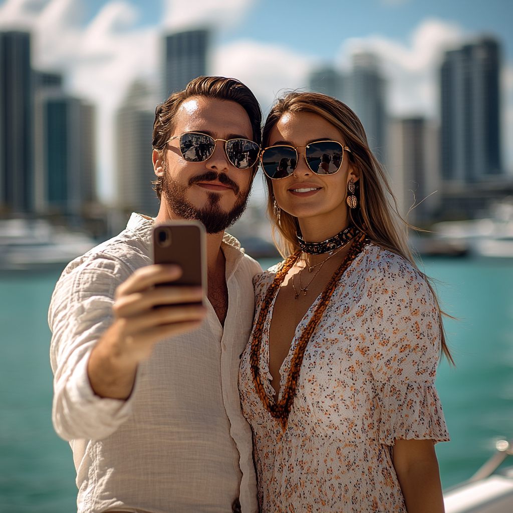Couple capturing a selfie with Downtown Miami in the background on a Skyline Cruise.
