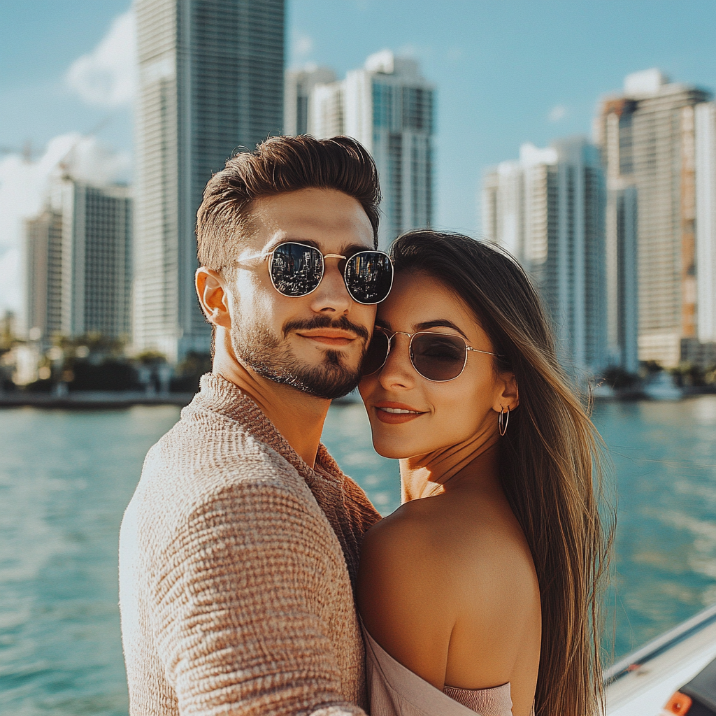 Guests taking selfies with the Miami skyline on a daytime Skyline Cruise.
