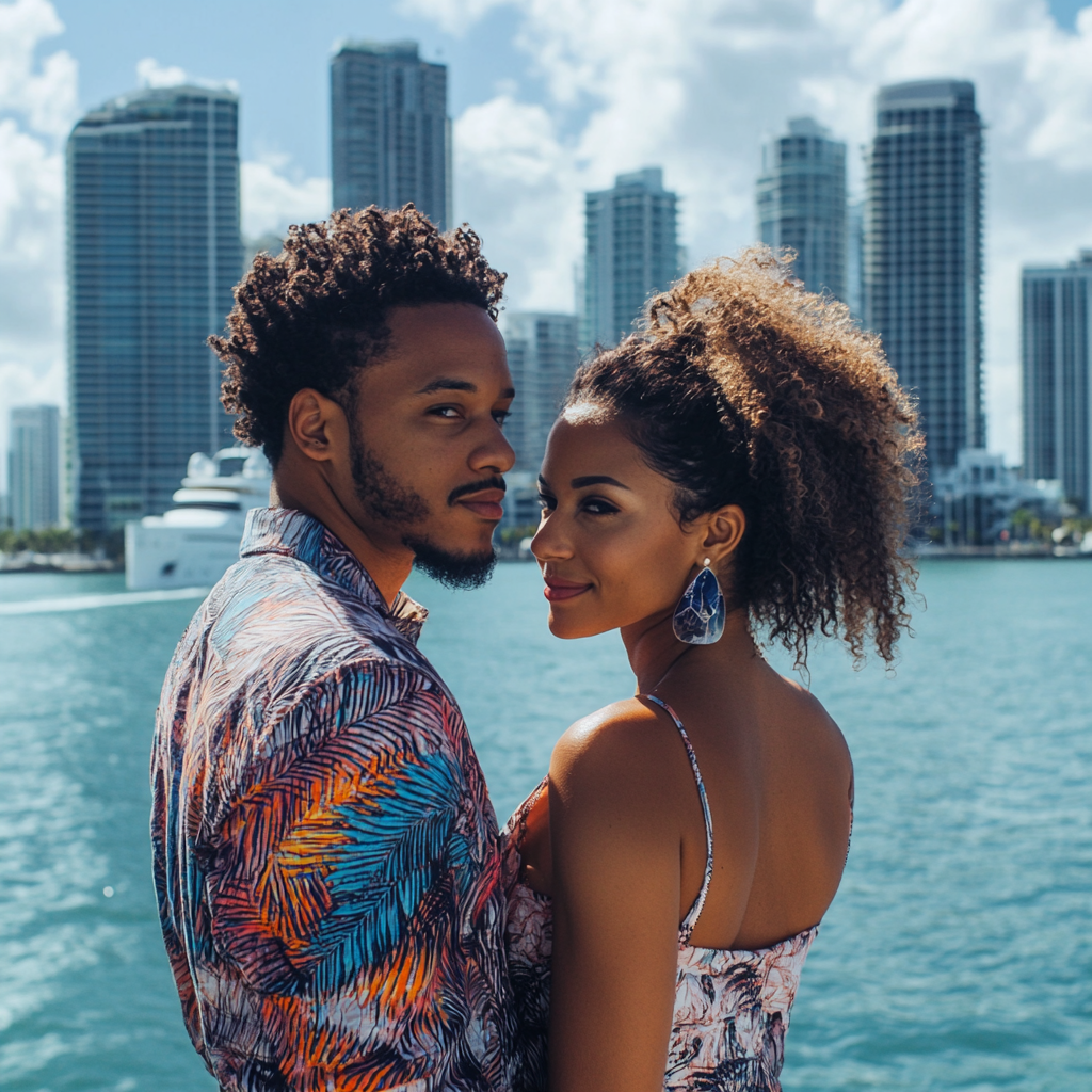 Couple capturing a selfie with Downtown Miami in the background on a Skyline Cruise.
