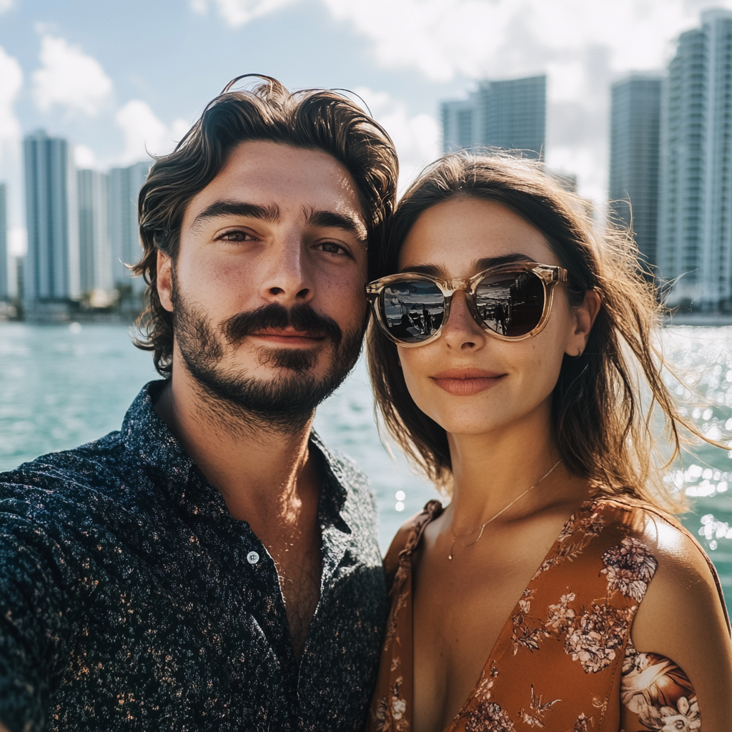 Daytime skyline selfies with clear skies on a Biscayne Bay Skyline Cruise.

