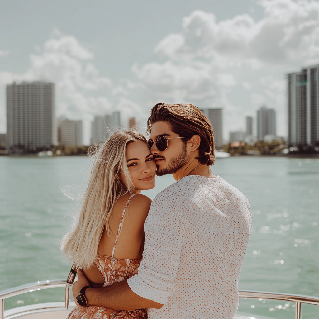 A couple posing with the Miami Skyline during a Skyline Cruise.
