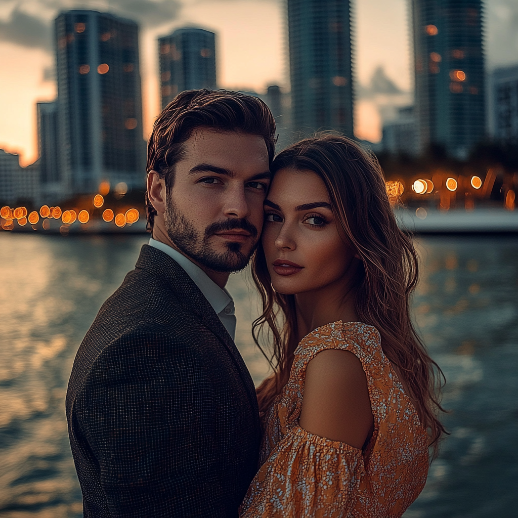 A couple enjoying a romantic selfie during a Miami Sunset Skyline Cruise.
