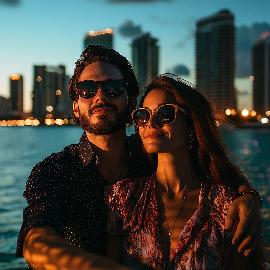 Guests taking sunset selfies with Miami’s skyline glowing behind them.
