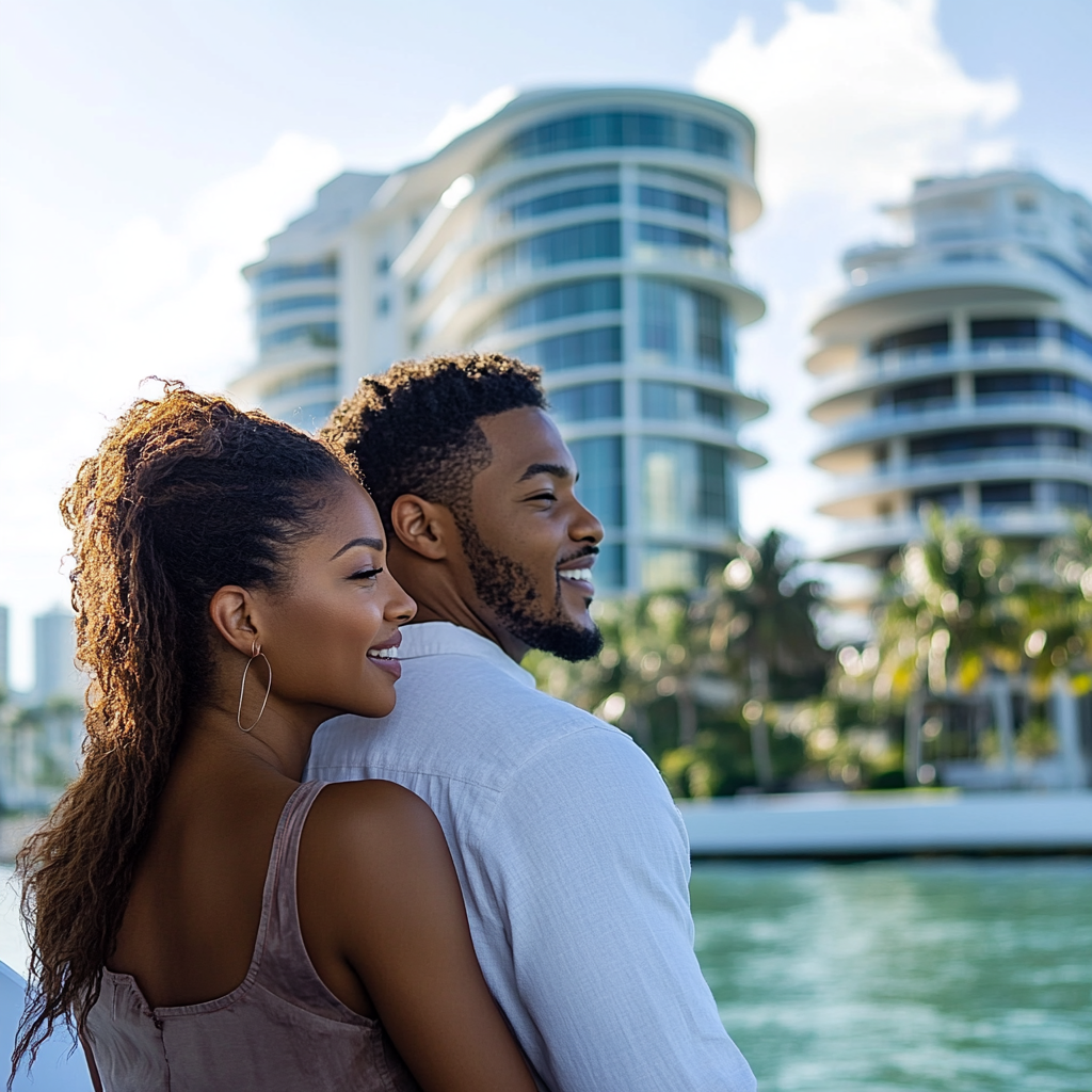 A couple smiling during a Miami sightseeing cruise.