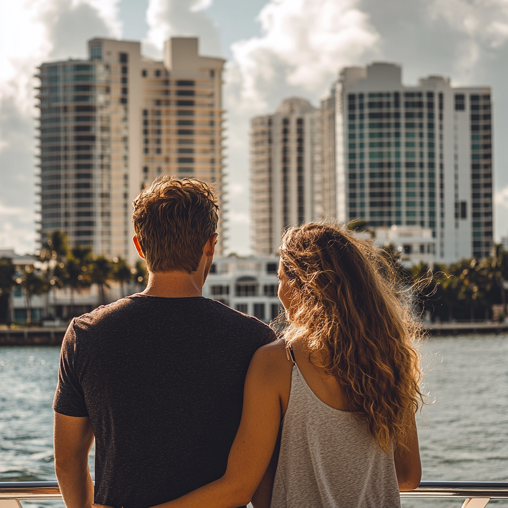 Romantic couple selfie on a boat near Biscayne Bay.