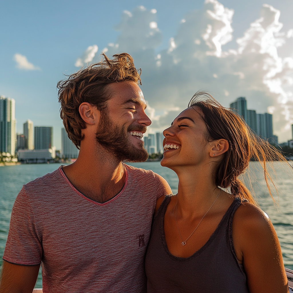 Couple enjoying a boat ride through Biscayne Bay.