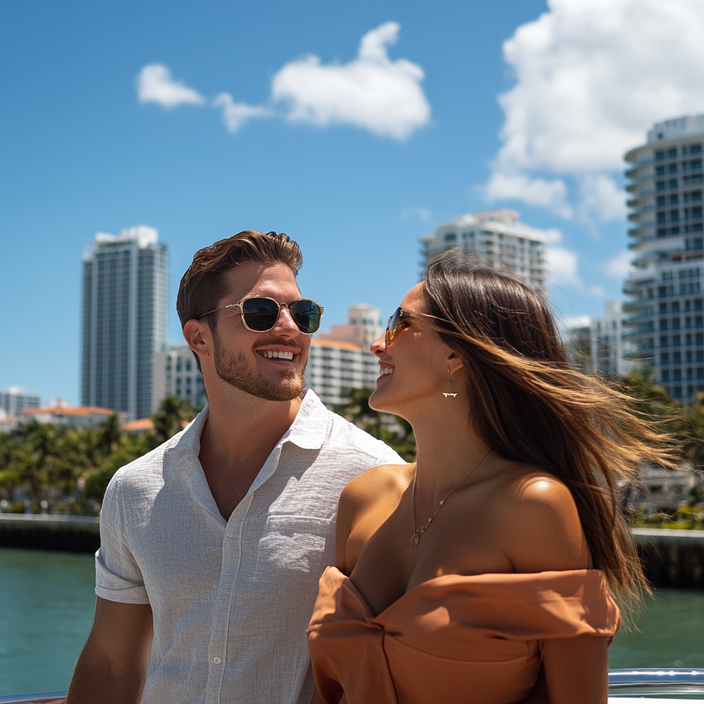 A couple taking selfies near Star Island.