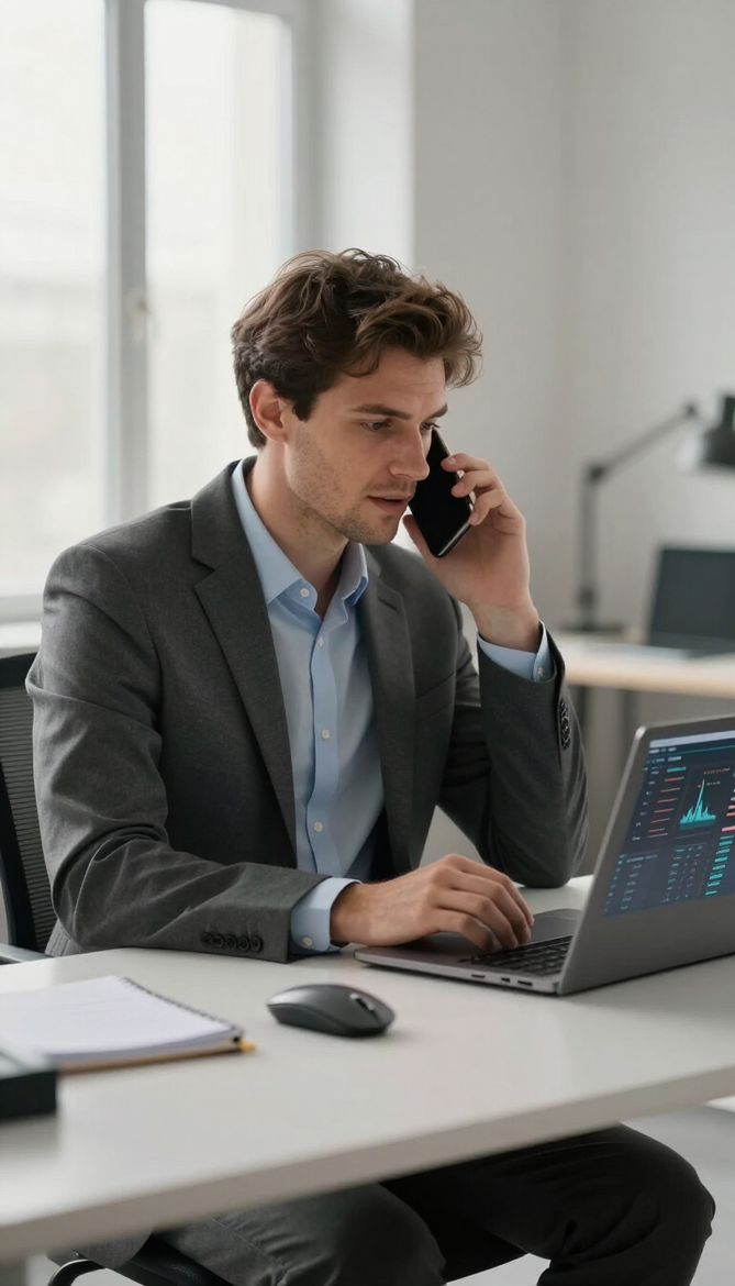 Professional on a sales call with leads dashboard