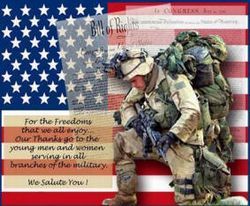 American flag backdrop with a soldier in camouflage kneeling beside a patriotic thank-you message.