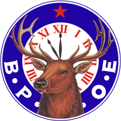 B.P.O.E. elk head emblem with red clock face, blue border, and antlers