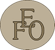 Tan oval logo with intertwined brown letters “F” and “O” on a beige background