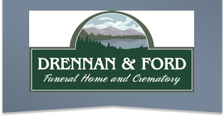 Drennan & Ford Funeral Home and Crematory logo with mountains and trees on a green sign