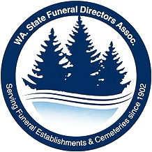Logo for W.A. State Funeral Directors Association with blue trees and waves, text around the border