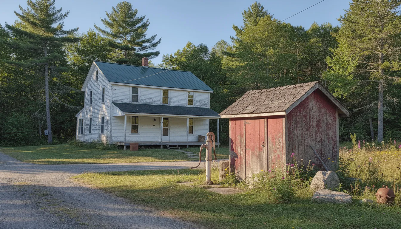 White farmhouse and small red shed beside a gravel drive, surrounded by trees in a rural setting