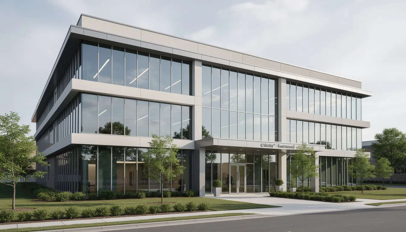 Modern three-story glass office building with landscaped surroundings and street view