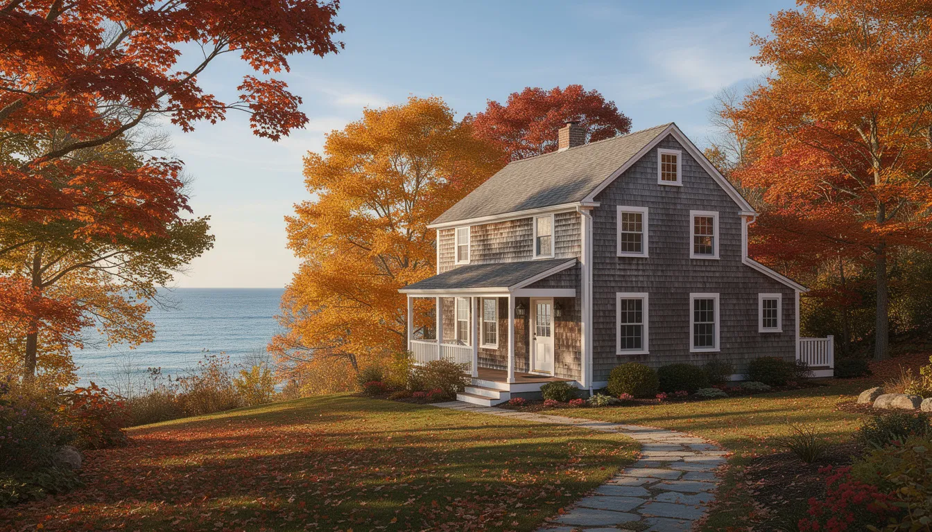 Autumn lakeside house with gray siding, orange trees, and a stone path leading to the porch.