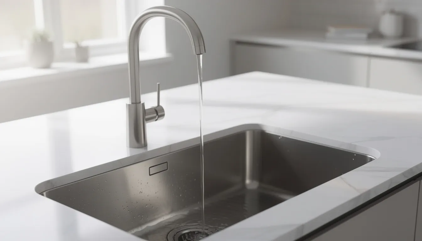 Modern stainless steel kitchen sink with running faucet in a bright white countertop kitchen