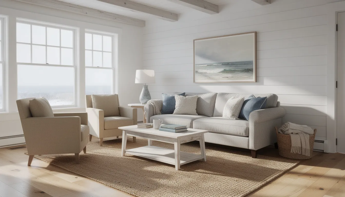 Bright white living room with beige sofa, armchair, coffee table, and seascape painting