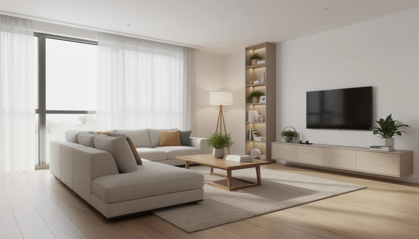 Modern minimalist living room with gray sectional sofa, wall-mounted TV, and large bright window