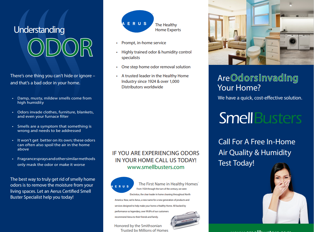 Brochure panels on odor understanding and home smell testing, with blue-and-white layout and a person illustration