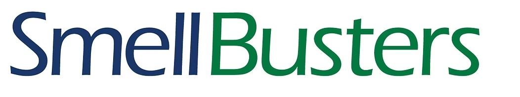 SmellBusters logo with blue and green text and stylized green leaves above the wordmark