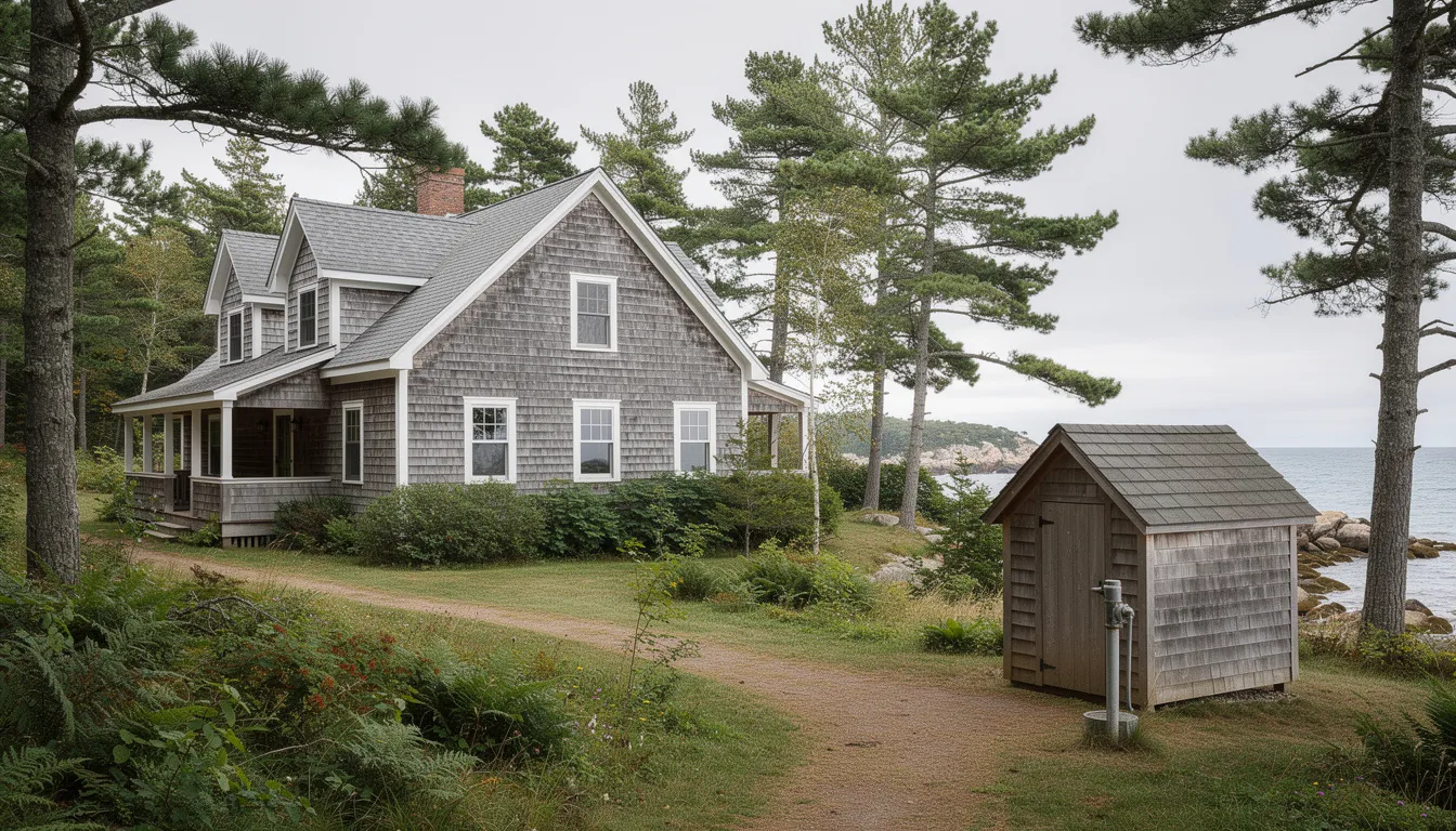 Gray shingled house near a dirt path by the coast, with trees and a small shed in the foreground