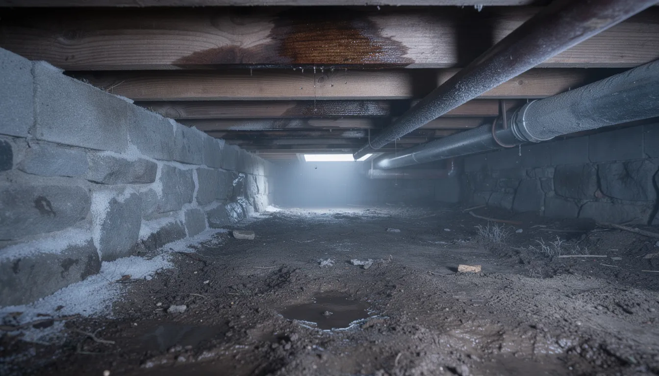 Crawlspace under a house with dirt floor, stone wall, and exposed pipes and beams.