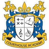 Courthouse Academy crest with gold scrollwork, blue shield, and musical note emblem