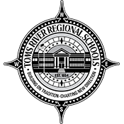 Toms River Regional Schools black-and-white circular compass-style logo with school building in center
