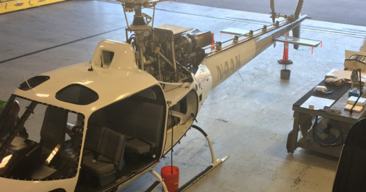 Airbus helicopter under Safran engine maintenance at FAA-certified repair station in Boulder City, Nevada