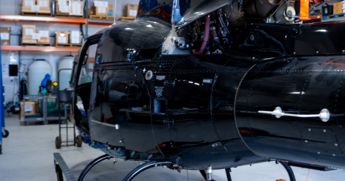 Safran module support for helicopter maintenance inside Black Mountain Aviation repair station in Bo